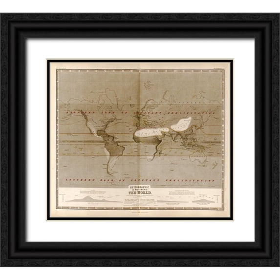 Vintage Maps 17x15 Black Ornate Wood Framed with Double Matting Museum Art Print Titled - Hyetographic or Rain Map of the World