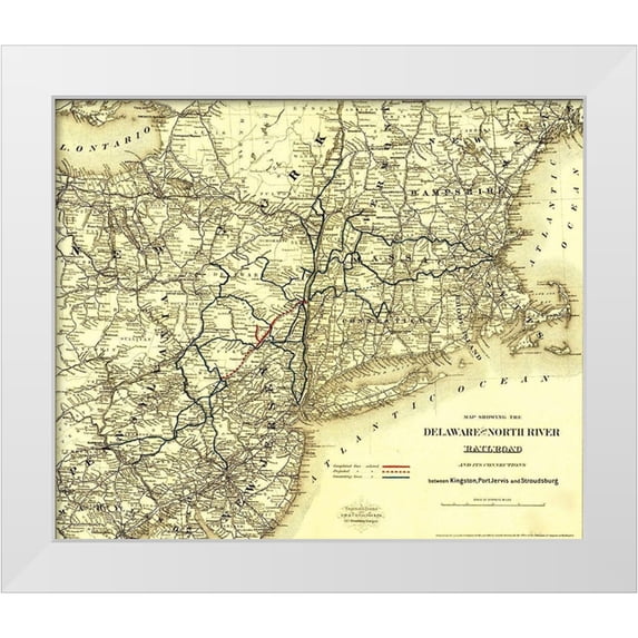 Vintage Maps 17x15 White Modern Wood Framed Museum Art Print Titled - Delaware and North River Railroad 1890