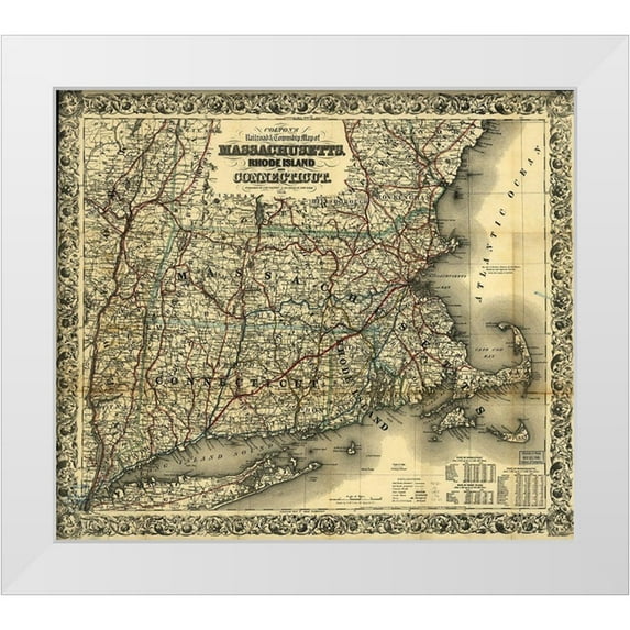 Vintage Maps 17x15 White Modern Wood Framed Museum Art Print Titled - Massachusetts Rhode Island and Connecticut 1853