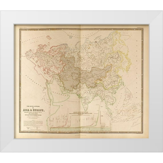 Vintage Maps 17x15 White Modern Wood Framed Museum Art Print Titled - River Systems of Asia and Europe