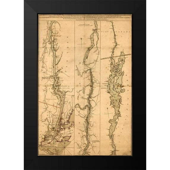 Vintage Maps 17x24 Black Modern Framed Museum Art Print Titled - Topographical Map of the Hudson River 1776