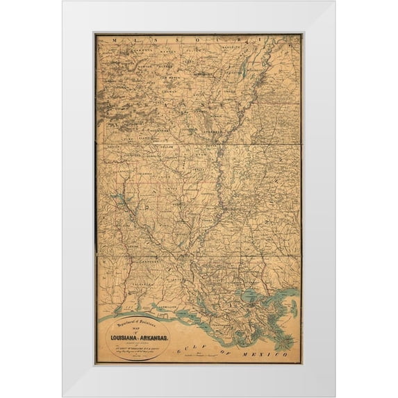 Vintage Maps 17x24 White Modern Wood Framed Museum Art Print Titled - Louisiana and Arkansas