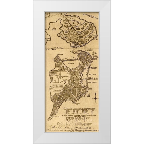 Vintage Maps 17x32 White Modern Wood Framed Museum Art Print Titled - Attack on Bunker Hill Boston