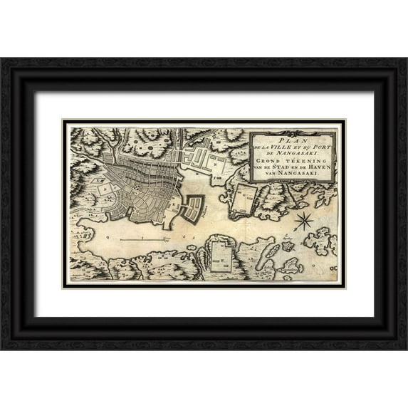 Vintage Maps 18x12 Black Ornate Wood Framed with Double Matting Museum Art Print Titled - City Plan of Nagasaki-Japan in the 18th Century
