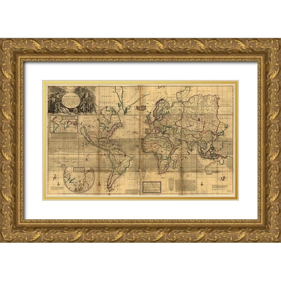 Vintage Maps 18x12 Gold Ornate Wood Framed with Double Matting Museum Art Print Titled - World Map