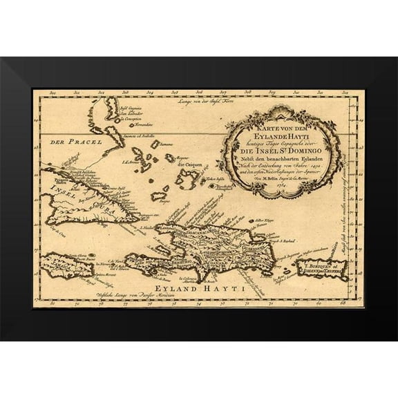 Vintage Maps 18x13 Black Modern Framed Museum Art Print Titled - Haiti Santo Domingo and Hispaniola 1754