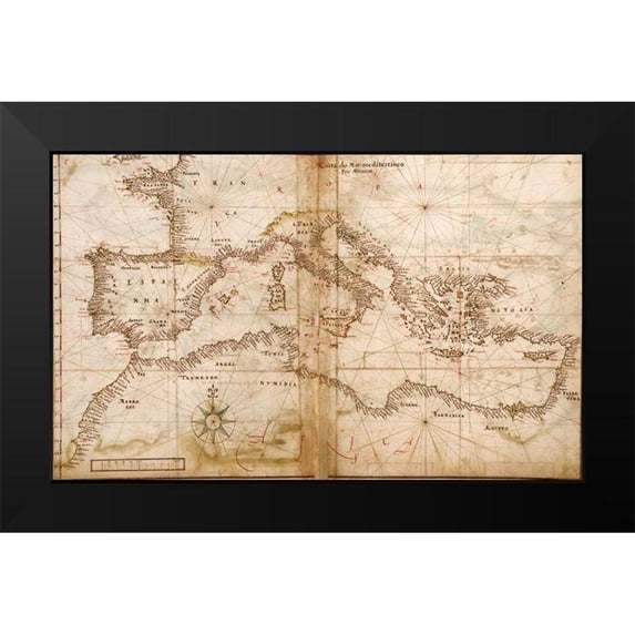 Vintage Maps 18x13 Black Modern Framed Museum Art Print Titled - Portuguese maps of the Mediterranean Countries 1630
