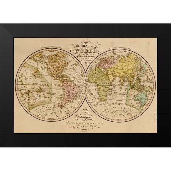 Vintage Maps 18x13 Black Modern Framed Museum Art Print Titled - World Map 1844