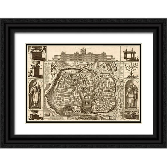 Vintage Maps 18x13 Black Ornate Wood Framed with Double Matting Museum Art Print Titled - Jerusalem and Solomons Temple