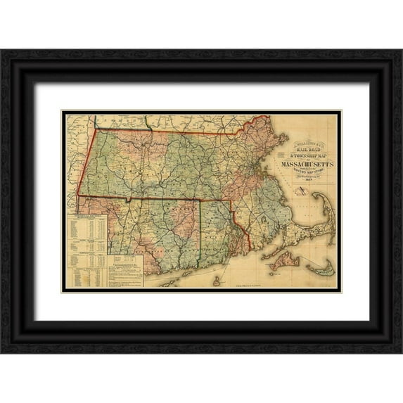 Vintage Maps 18x13 Black Ornate Wood Framed with Double Matting Museum Art Print Titled - Railroad and township map of Massachusetts 1879