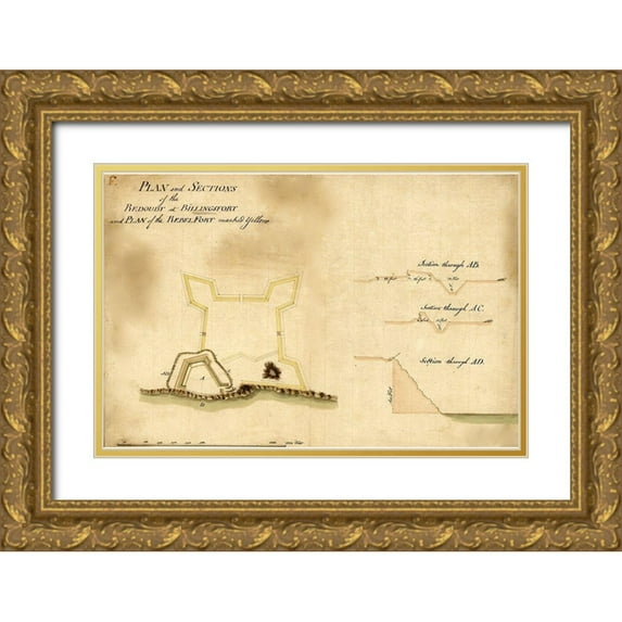 Vintage Maps 18x13 Gold Ornate Wood Framed with Double Matting Museum Art Print Titled - Plan and sections of the redoubt at Billingsfort 1777