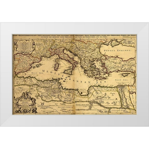 Vintage Maps 18x13 White Modern Wood Framed Museum Art Print Titled - Mediterranean Divided into its Principal Parts 1685