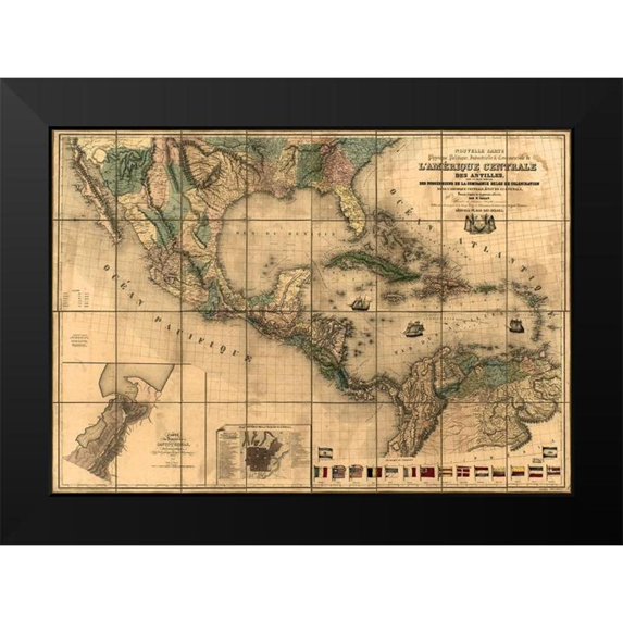 Vintage Maps 18x14 Black Modern Framed Museum Art Print Titled - Central America and The Antilles 1845