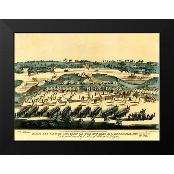 Vintage Maps 18x14 Black Modern Framed Museum Art Print Titled - Civil War Encampment of Union Forces in Annapolis. Maryland 1863
