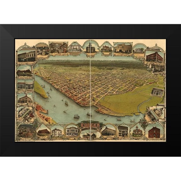 Vintage Maps 18x14 Black Modern Framed Museum Art Print Titled - Eureka-Humboldt County-California. 1902