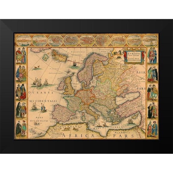 Vintage Maps 18x14 Black Modern Framed Museum Art Print Titled - Map of Europe