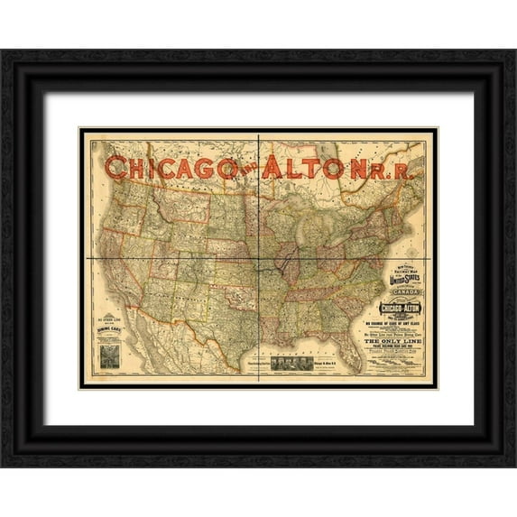Vintage Maps 18x14 Black Ornate Wood Framed with Double Matting Museum Art Print Titled - Chicago and Alton Railroad