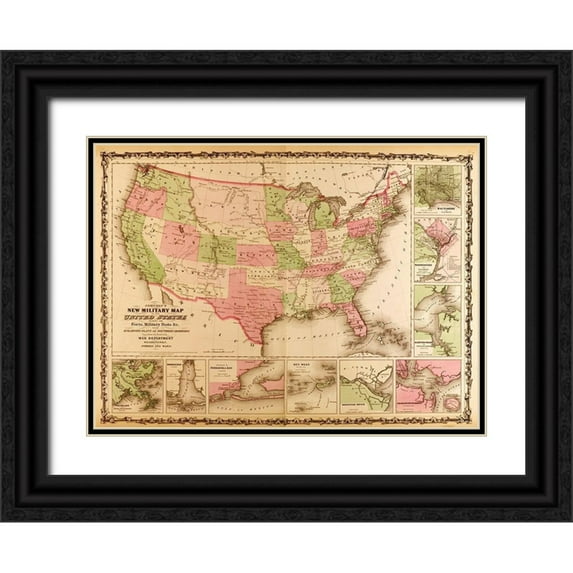 Vintage Maps 18x14 Black Ornate Wood Framed with Double Matting Museum Art Print Titled - Military Map of the United states 1863