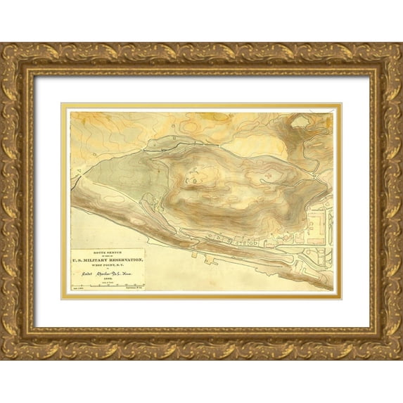Vintage Maps 18x14 Gold Ornate Wood Framed with Double Matting Museum Art Print Titled - Route sketch of part of U S Military Reservation West Point N Y 1889