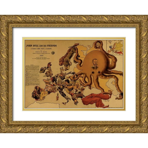 Vintage Maps 18x14 Gold Ornate Wood Framed with Double Matting Museum Art Print Titled - John Bull and his friends a comic map of Europe 1900