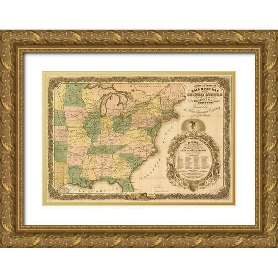 Vintage Maps 18x14 Gold Ornate Wood Framed with Double Matting Museum Art Print Titled - Railroad map of the United States 1858