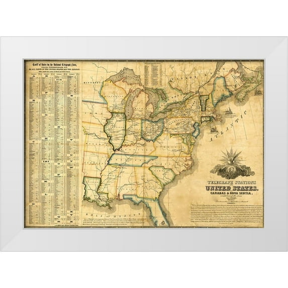 Vintage Maps 18x14 White Modern Wood Framed Museum Art Print Titled - Telegraph stations in the United States Canada and Nova Scotia 1853