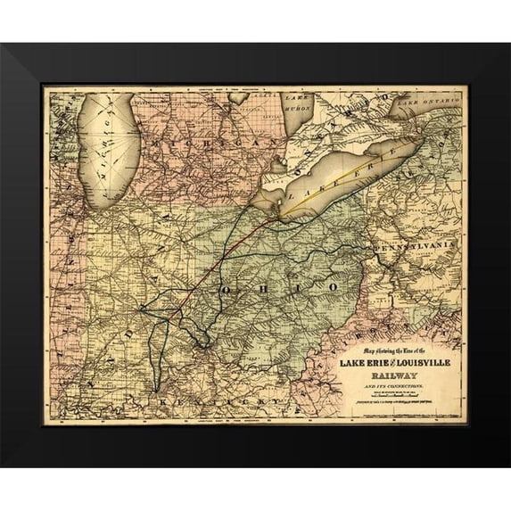 Vintage Maps 18x15 Black Modern Framed Museum Art Print Titled - Lake Erie and Louisville Railway