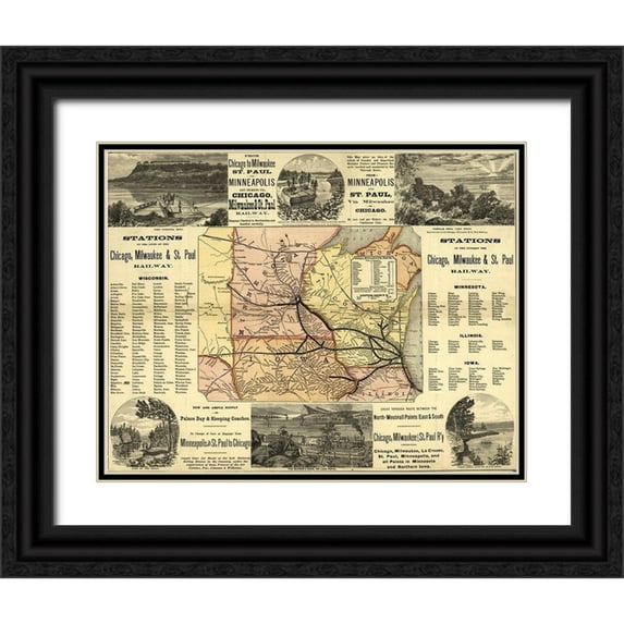 Vintage Maps 18x15 Black Ornate Wood Framed with Double Matting Museum Art Print Titled - Chicago to Milwaukee Railroad Map 1874
