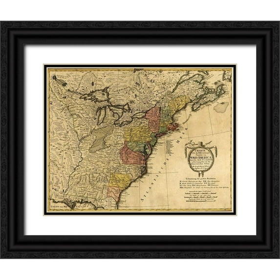 Vintage Maps 18x15 Black Ornate Wood Framed with Double Matting Museum Art Print Titled - Eighteenth Century Map of the United States 1784