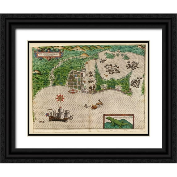 Vintage Maps 18x15 Black Ornate Wood Framed with Double Matting Museum Art Print Titled - Sir Francis Drakes West Voyage to the West Indies 1589