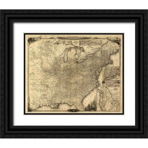 Vintage Maps 18x15 Black Ornate Wood Framed with Double Matting Museum Art Print Titled - Travelers Map of the United States 1846