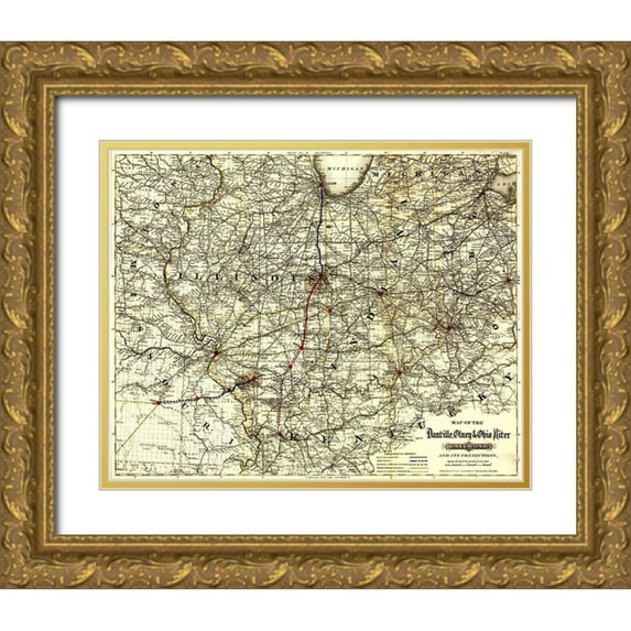 Vintage Maps 18x15 Gold Ornate Wood Framed with Double Matting Museum Art Print Titled - Danville Olney and Ohio River Railroad 1881