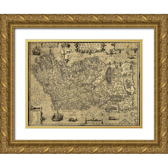Vintage Maps 18x15 Gold Ornate Wood Framed with Double Matting Museum Art Print Titled - Hiberia or Ireland 1598