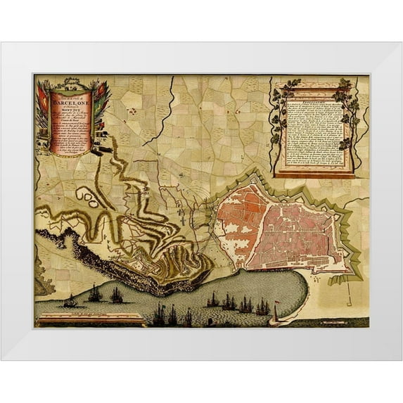 Vintage Maps 18x15 White Modern Wood Framed Museum Art Print Titled - Barcelona Spain Defenses 1700
