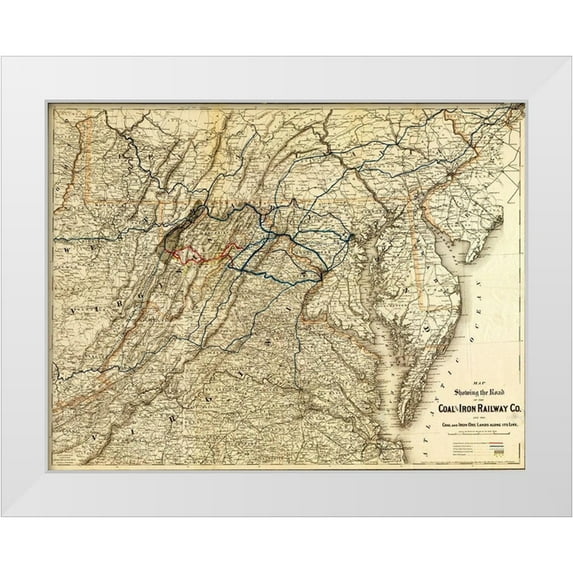 Vintage Maps 18x15 White Modern Wood Framed Museum Art Print Titled - Coal and Iron Railway Co and the coal and iron ore lands along its line 1882