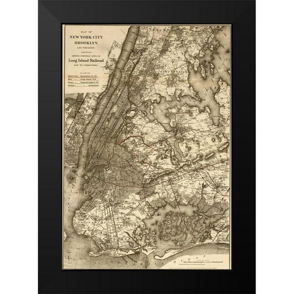 Vintage Maps 18x24 Black Modern Framed Museum Art Print Titled - New York City Brooklyn and vicinity showing surface and elevated railroads 1885