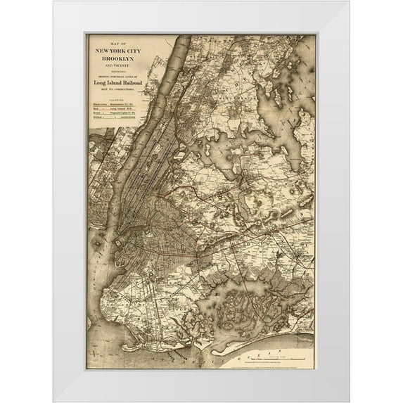 Vintage Maps 18x24 White Modern Wood Framed Museum Art Print Titled - New York City Brooklyn and vicinity showing surface and elevated railroads 1885