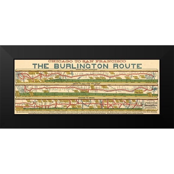 Vintage Maps 18x9 Black Modern Framed Museum Art Print Titled - Chicago to San Francisco via the Burlington Route