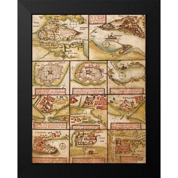 Vintage Maps 19x24 Black Modern Framed Museum Art Print Titled - Portuguese map of Fortified Cities on the Coast of Africa and India 1630