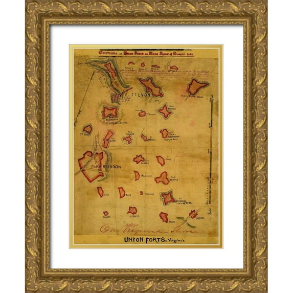 Vintage Maps 19x24 Gold Ornate Wood Framed with Double Matting Museum Art Print Titled - Contours of Union forts on south side of Potomac 1862