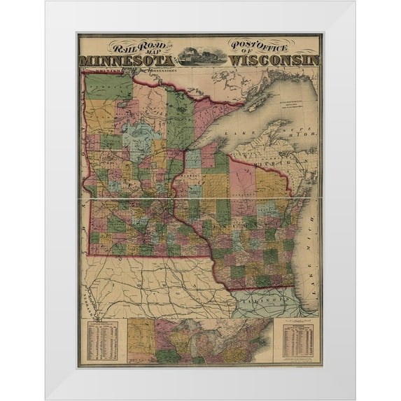 Vintage Maps 19x24 White Modern Wood Framed Museum Art Print Titled - Railroad and post office map of Minnesota and Wisconsin 1871