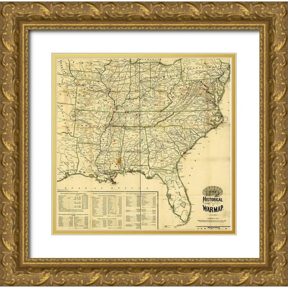 Vintage Maps 20x20 Gold Ornate Wood Framed with Double Matting Museum Art Print Titled - Historical War Map 1862