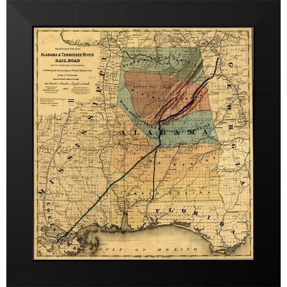 Vintage Maps 20x21 Black Modern Framed Museum Art Print Titled - Alabama and Tennessee River Rail Road 1867