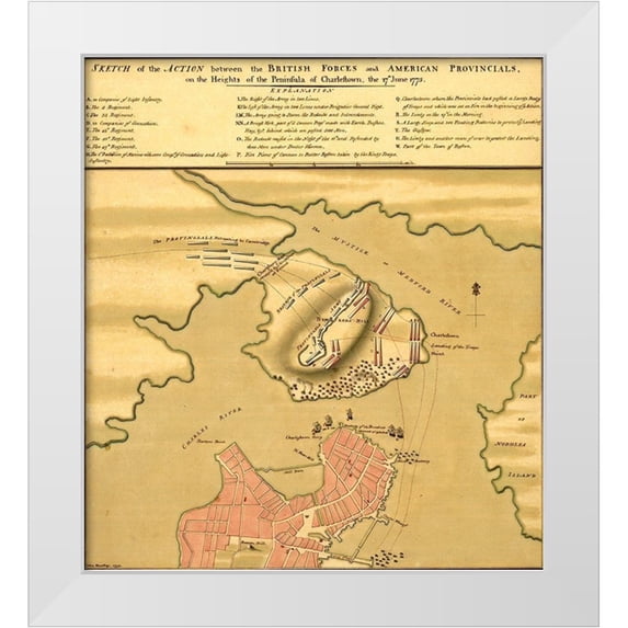 Vintage Maps 20x22 White Modern Wood Framed Museum Art Print Titled - Battle of Bunker Hill 1775