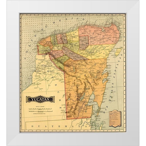 Vintage Maps 20x22 White Modern Wood Framed Museum Art Print Titled - Yucatan 1844