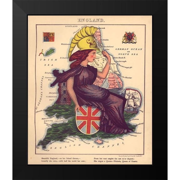 Vintage Maps 20x23 Black Modern Framed Museum Art Print Titled - Anthropomorphic Map of England