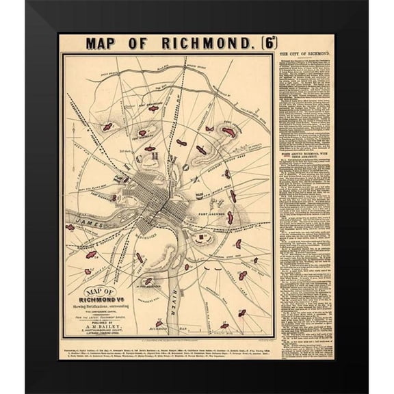 Vintage Maps 20x23 Black Modern Framed Museum Art Print Titled - Richmond Va fortifications surrounding the Confederate capital 1864