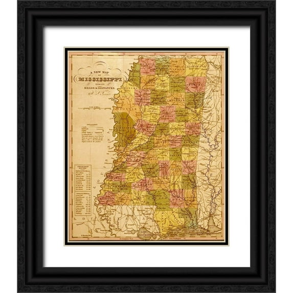 Vintage Maps 20x23 Black Ornate Wood Framed with Double Matting Museum Art Print Titled - Mississippi 1844