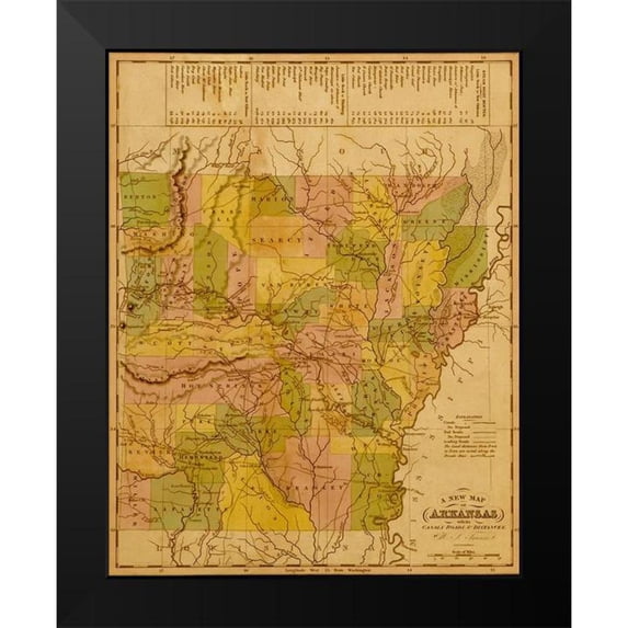 Vintage Maps 20x24 Black Modern Framed Museum Art Print Titled - Arkansas 1844