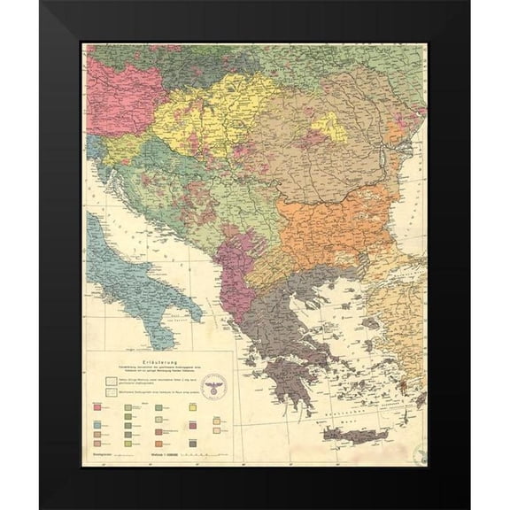 Vintage Maps 20x24 Black Modern Framed Museum Art Print Titled - Peoples of the Balkans and Danube Area 1940